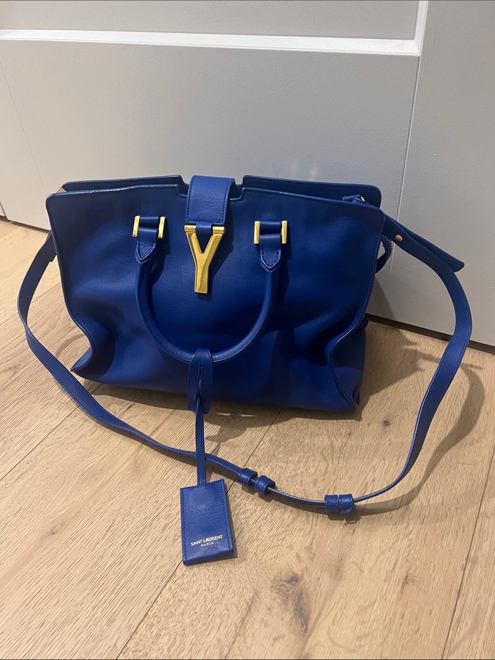 Saint Laurent Cobalt Blue Leather Satchel with Gold Y Hardware